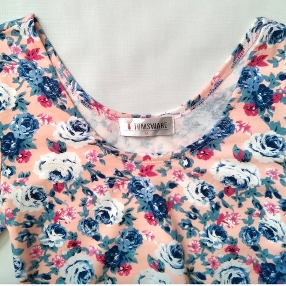 TOMSWARE Women Pink Floral Print 3/4 Sleeve Scoop Neck fit and Flare Dress M - Picture 2 of 9